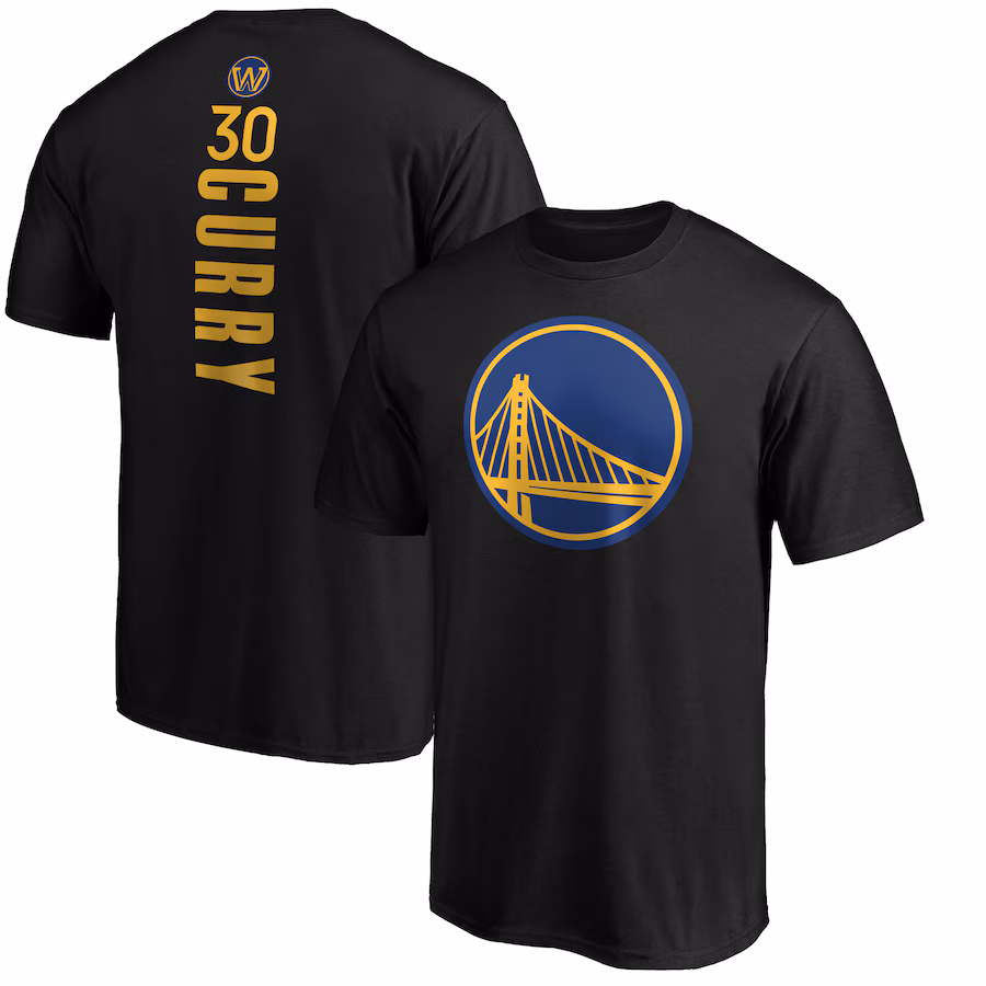 Men's Golden State Warriors Stephen Curry Black Playmaker Name & Number Logo T-Shirt
