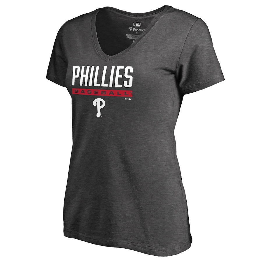 Women's Philadelphia Phillies Ash Win Stripe V-Neck T-Shirt