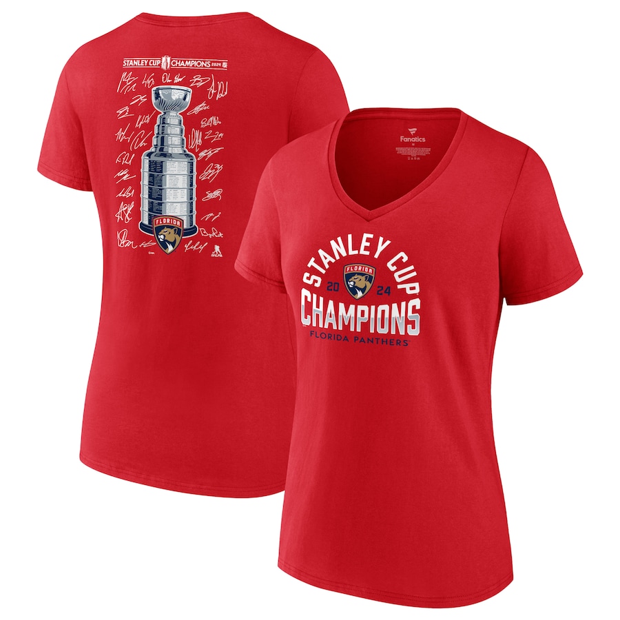 Women's Florida Panthers Fanatics Red 2024 Stanley Cup Champions Signature Roster V-Neck T-Shirt
