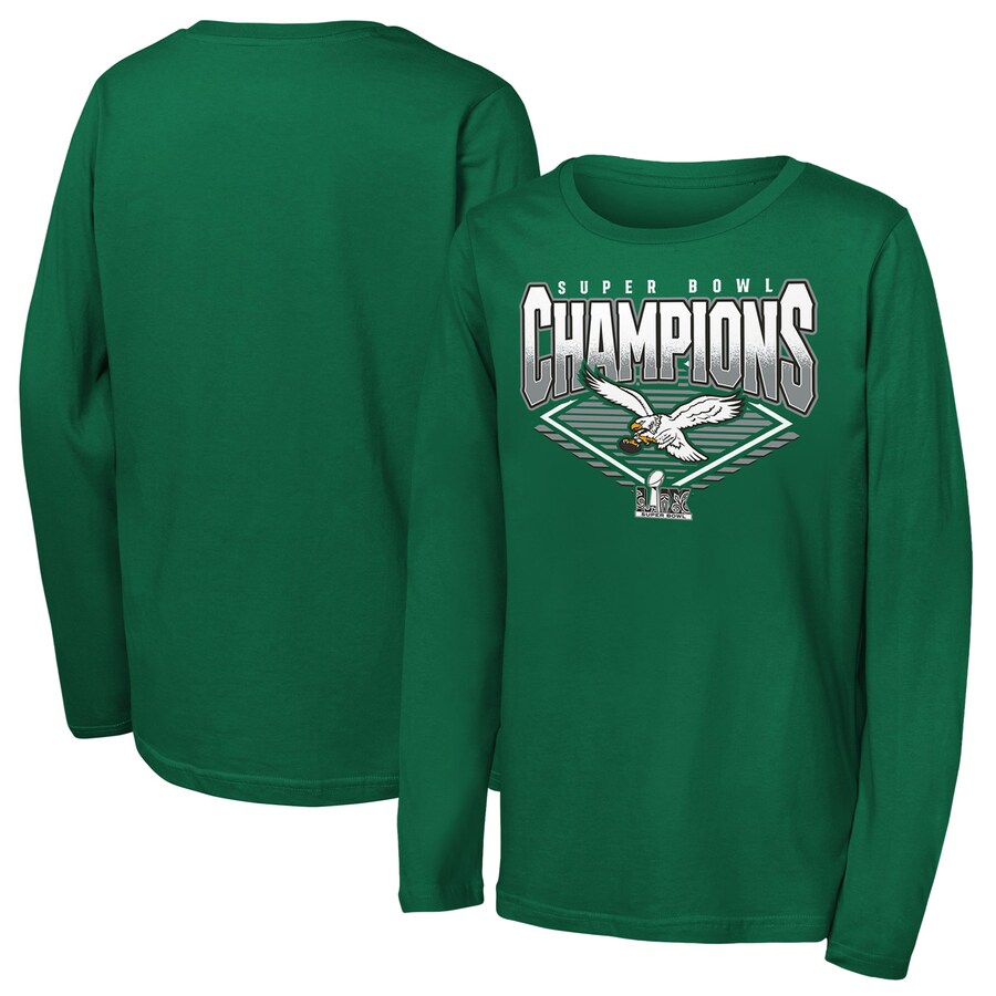 Youth Philadelphia Eagles Kelly Green Super Bowl LIX Champions Retro Diamond Long Sleeve T-Shirt