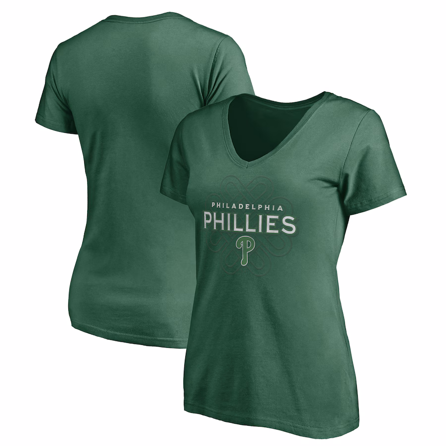 Women's Philadelphia Phillies Green Team Logo Celtic Knot V-Neck T-Shirt