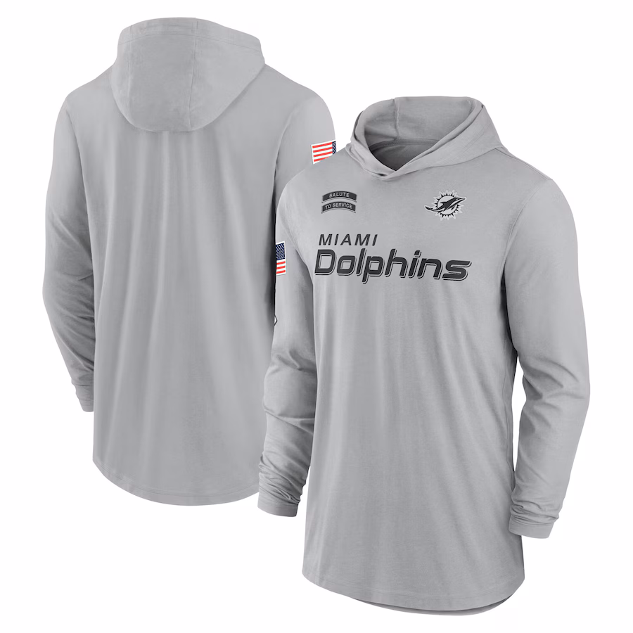 Men's Miami Dolphins Nike Gray 2024 Salute to Service Lightweight Performance Long Sleeve Hooded T-Shirt