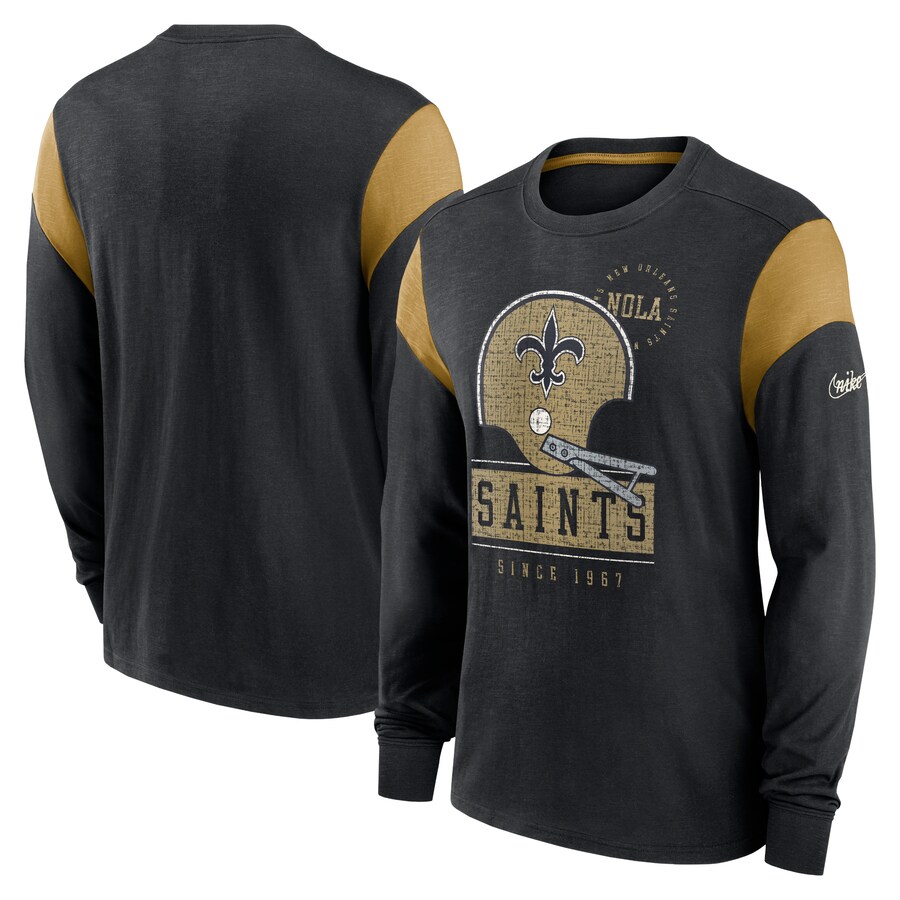 Men's New Orleans Saints Nike Heather Black Rewind Playback Helmet Long Sleeve T-Shirt