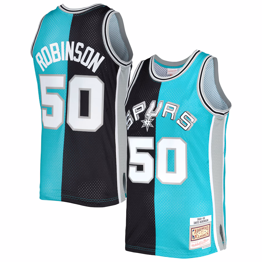 Men's San Antonio Spurs David Robinson Mitchell & Ness Black/Teal Hardwood Classics 1998/99 Split Swingman Jersey