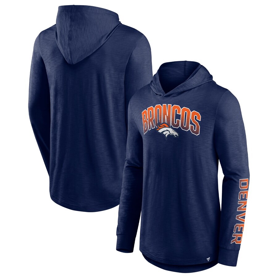 Men's Denver Broncos Fanatics Navy Front Runner Long Sleeve Hooded T-Shirt