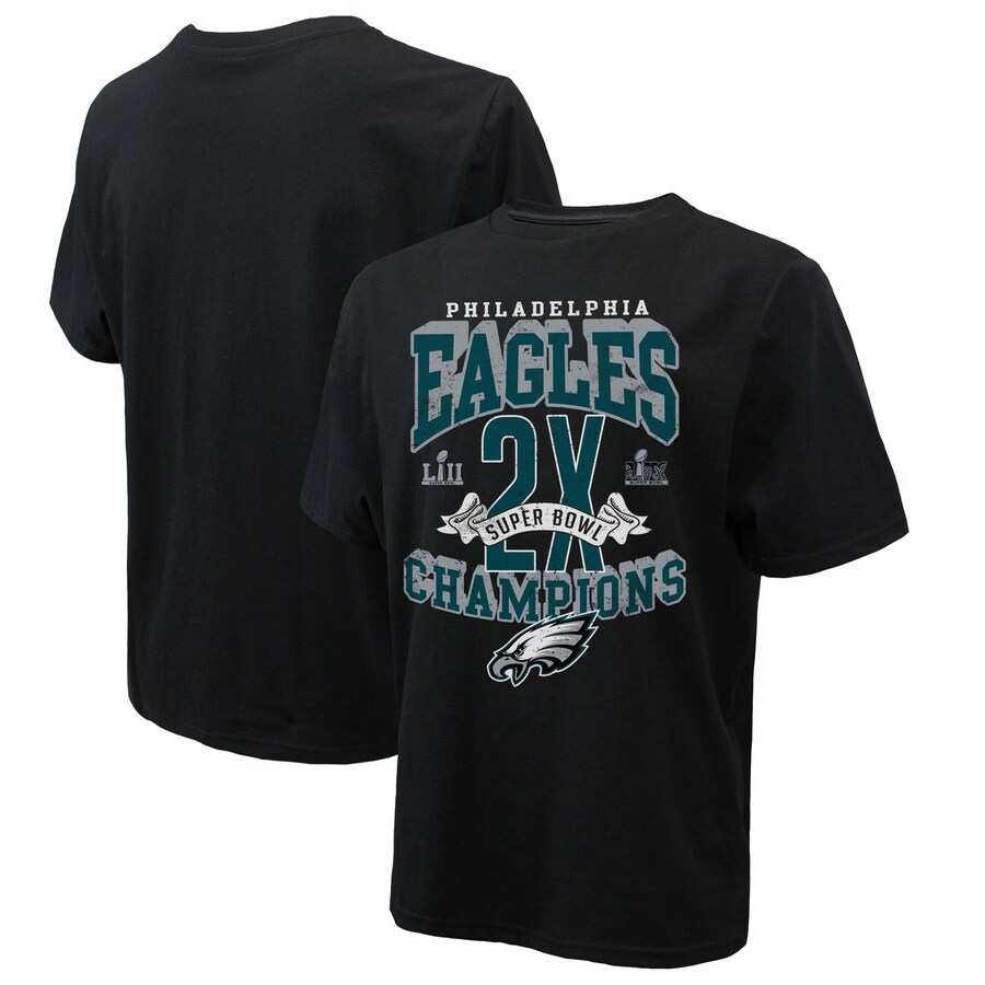 Men's Philadelphia Eagles Majestic Threads Black Two-Time Super Bowl Champions Yard Lines Heavyweight T-Shirt