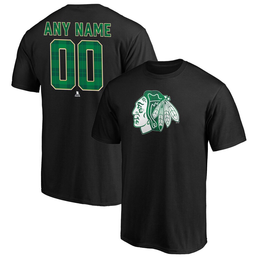 Men's Chicago Blackhawks Black Emerald Plaid Personalized Name & Number T-Shirt
