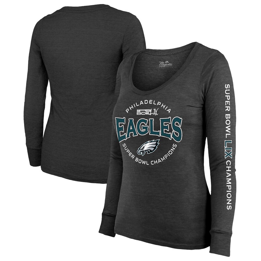 Women's Philadelphia Eagles  Majestic Threads Black Super Bowl LIX Champions Highlight Tri-Blend Scoop Neck Long Sleeve T-Shirt