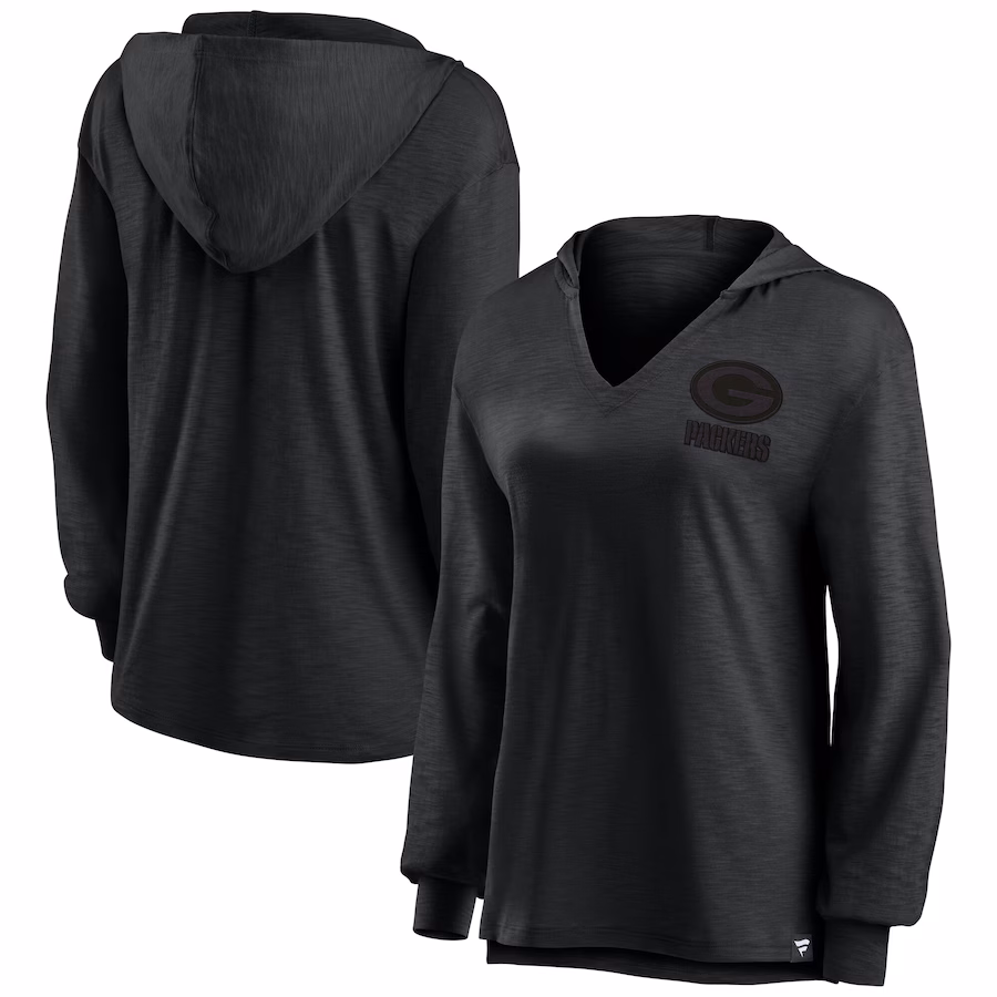 Women's Green Bay Packers  Fanatics  Blackout Slub Hoodie V-Neck Long Sleeve T-Shirt