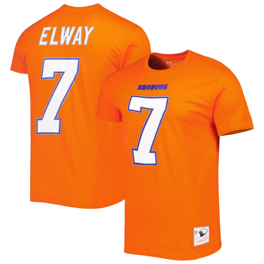 Men's Denver Broncos John Elway Mitchell & Ness Orange Retired Player Logo Name & Number T-Shirt