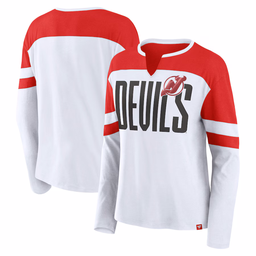 Women's New Jersey Devils Fanatics White/Red Frozen Long Sleeve Notch Neck T-Shirt
