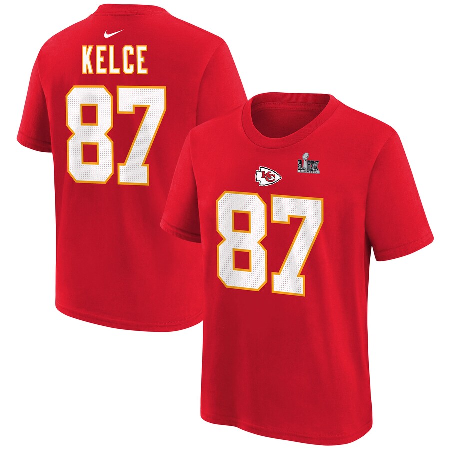 Youth Kansas City Chiefs Travis Kelce Nike Red Super Bowl LIX Player Name & Number T-Shirt
