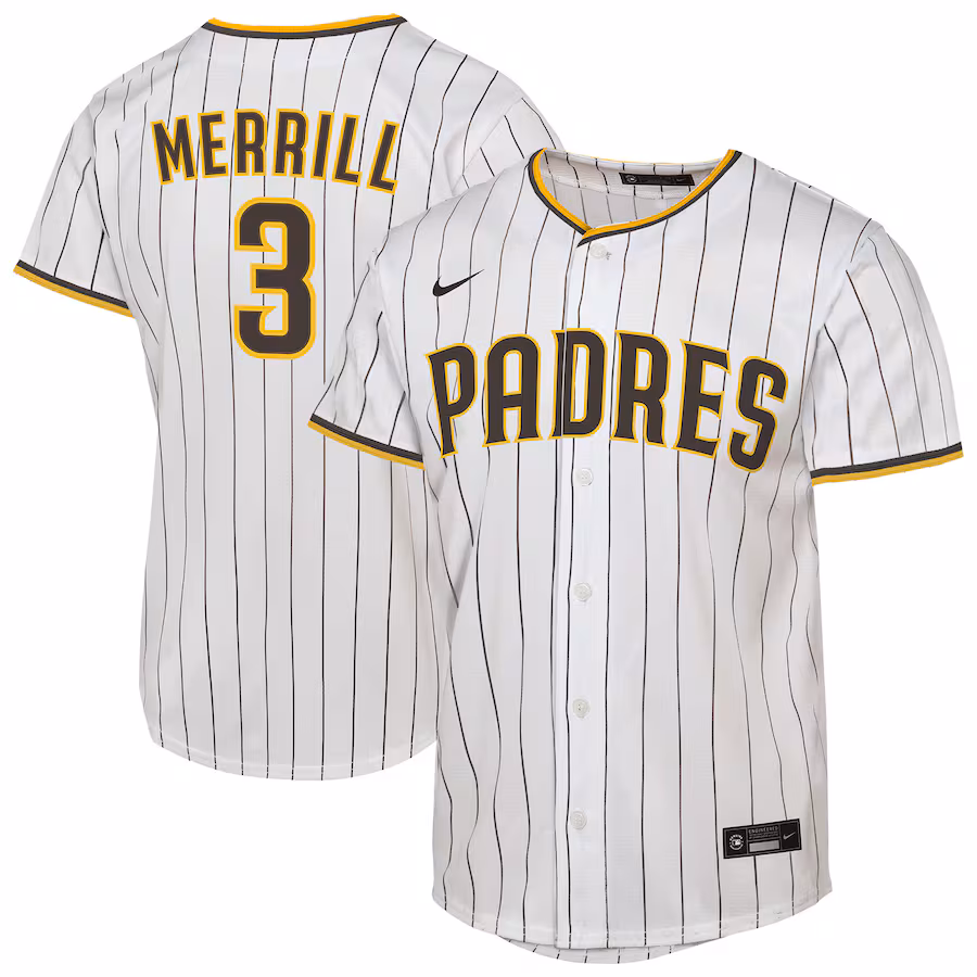 Youth San Diego Padres Jackson Merrill Nike White Home Replica Jersey