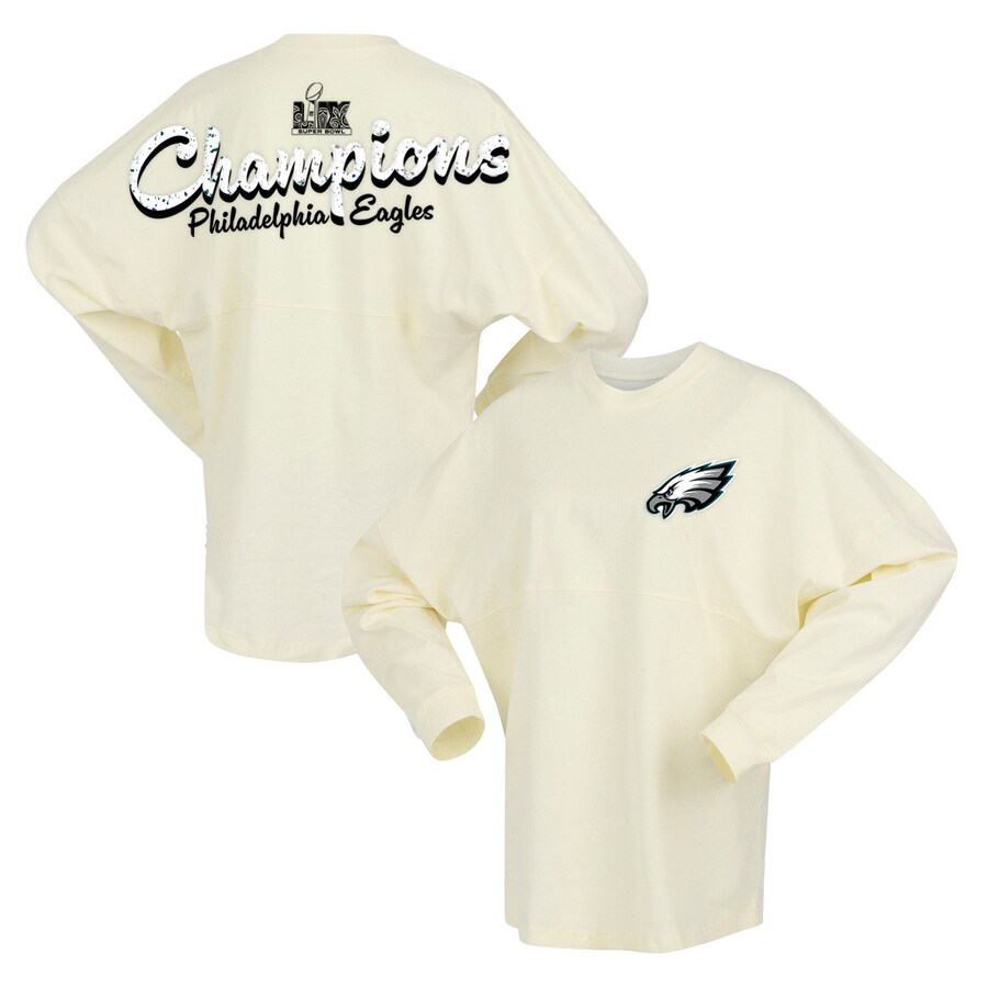 Women's Philadelphia Eagles  Fanatics Cream Super Bowl LIX Champions Sparkle Spirit Jersey Oversized Long Sleeve T-Shirt