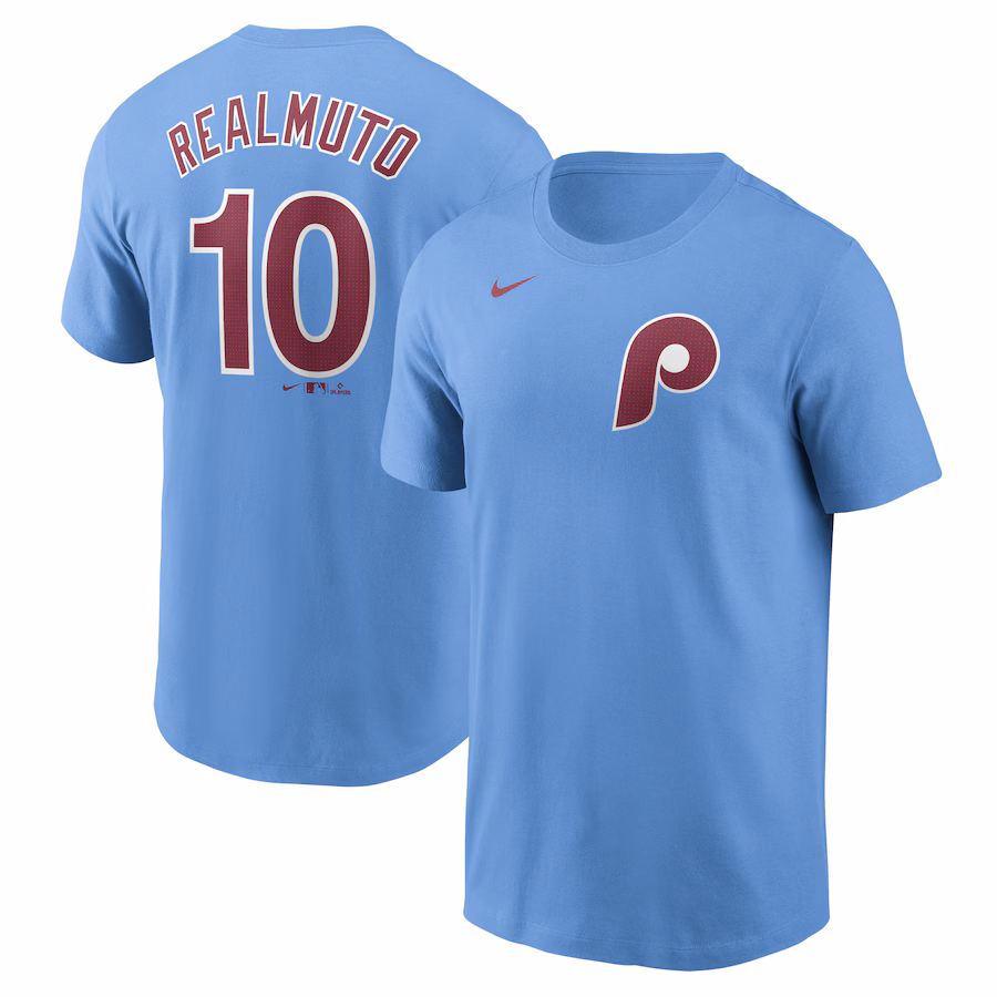 Men's Philadelphia Phillies J.T. Realmuto Nike Light Blue Fuse Name & Number T-Shirt