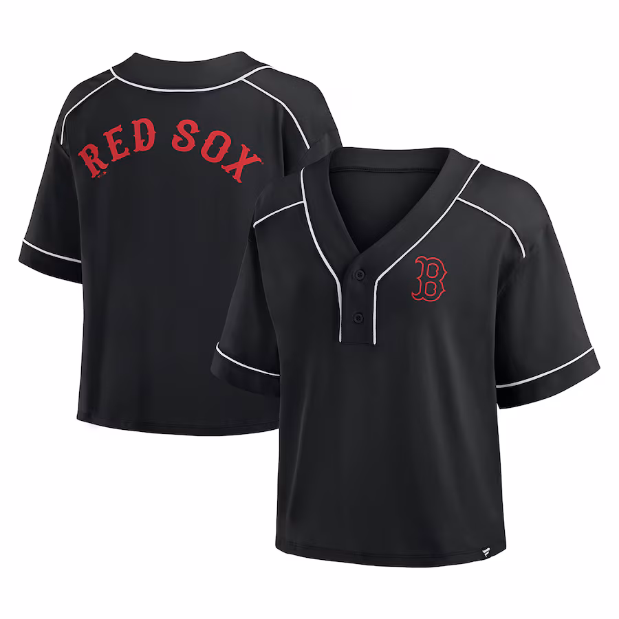 Women's Boston Red Sox Fanatics Black Oversized Champ Game Cropped V-Neck T-Shirt