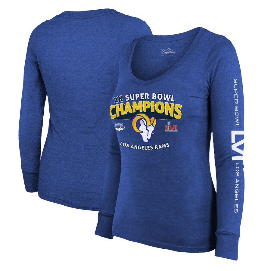 Women's Los Angeles Rams Majestic Threads Heathered Royal 2-Time Super Bowl Champions Sky High Tri-Blend Long Sleeve Scoop Neck T-Shirt
