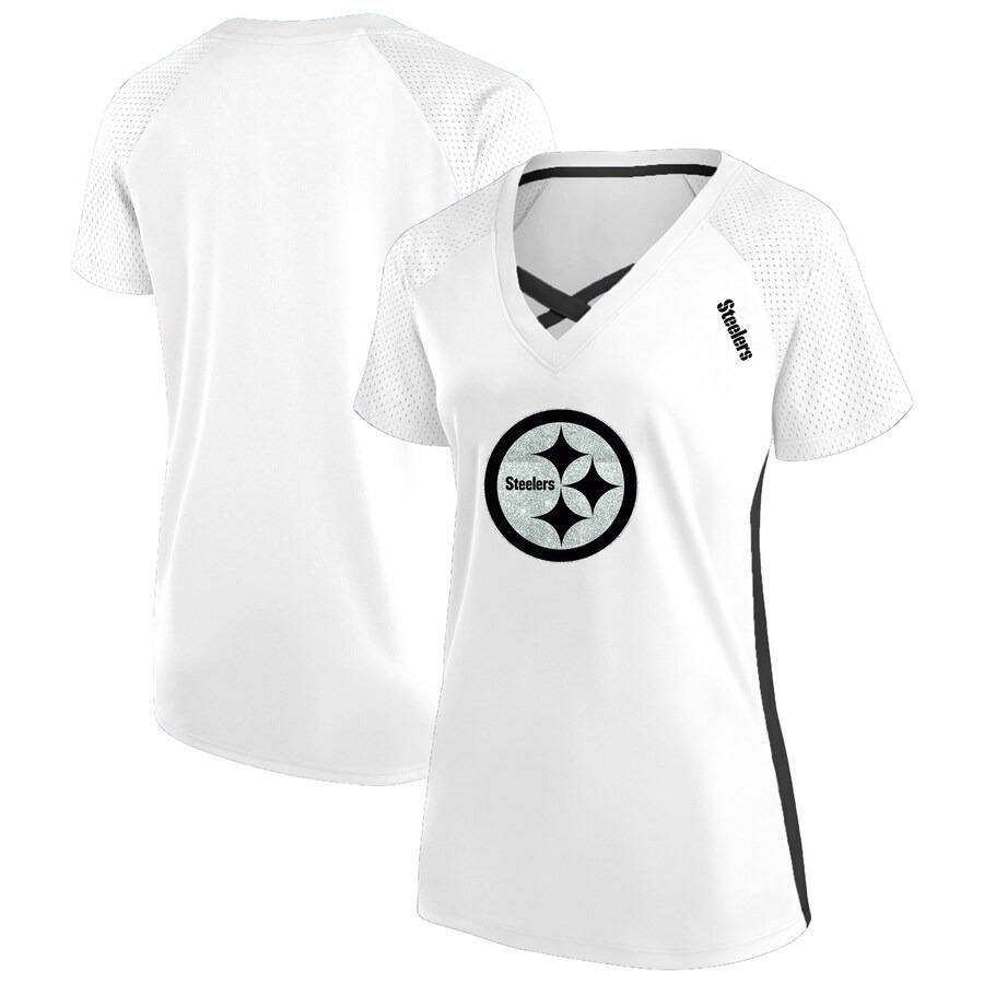 Women's Pittsburgh Steelers Fanatics White Plus Size Glitter Lace-Up V- Neck T-Shirt