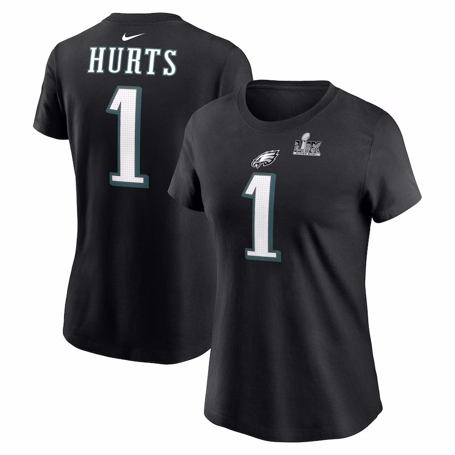 Women's Philadelphia Eagles Jalen Hurts Nike Black Super Bowl LIX Name & Number T-Shirt