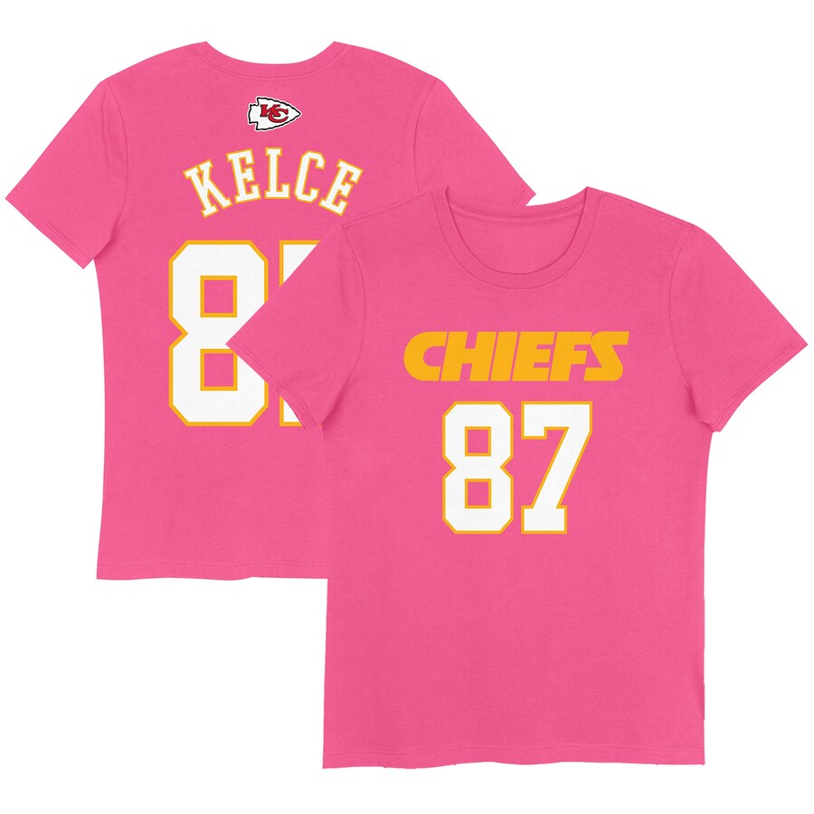 Girls Youth Kansas City Chiefs Travis Kelce Pink Player Name & Number T-Shirt