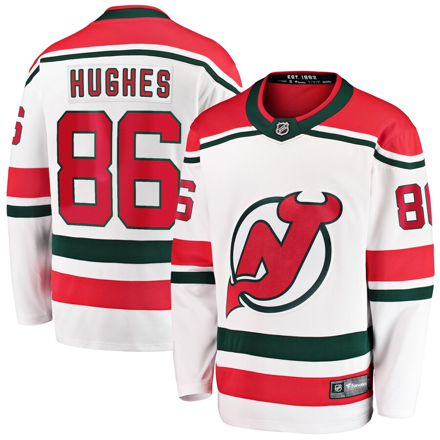 Men's New Jersey Devils Jack Hughes Fanatics Branded White 2022/23 Heritage Premier Breakaway Jersey