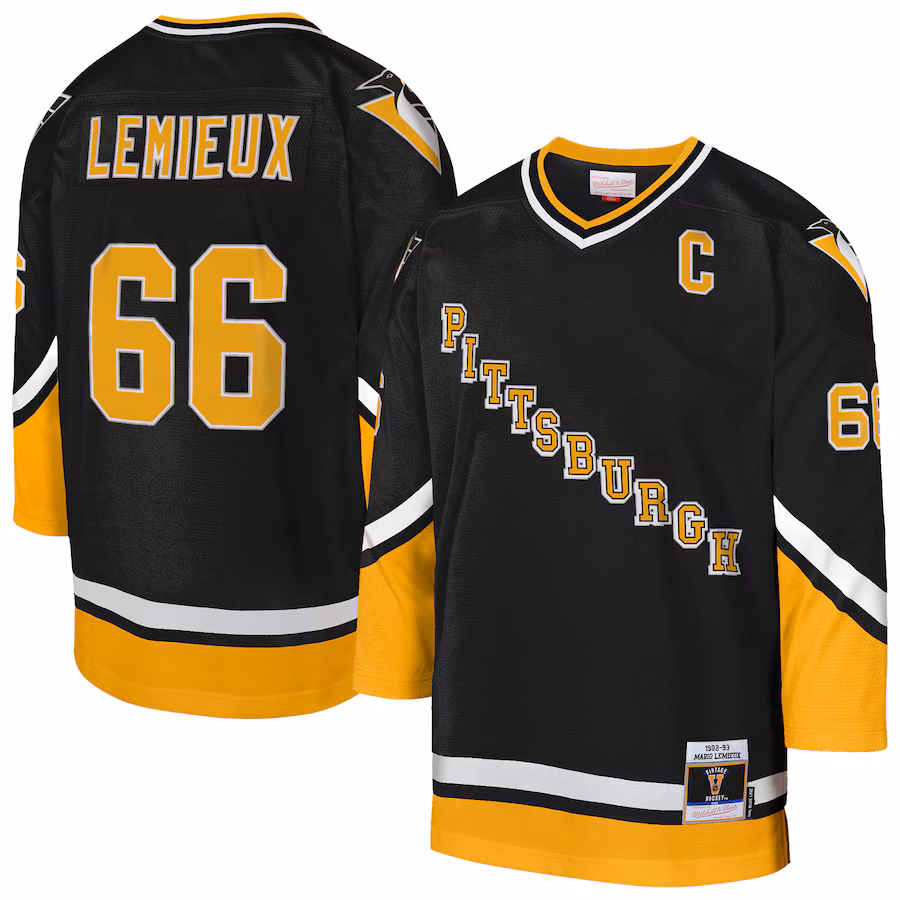Youth Pittsburgh Penguins Mario Lemieux Mitchell & Ness Gold 1992/93 Captain Patch Blue Line Player Jersey