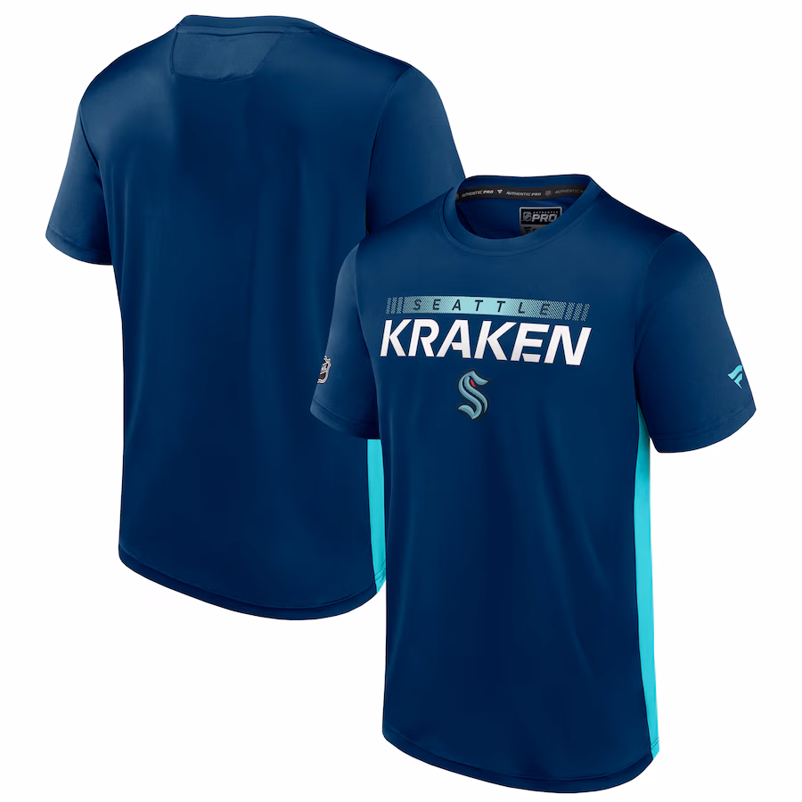 Men's Seattle Kraken Fanatics Deep Sea Blue/Light Blue Authentic Pro Rink Tech T-Shirt
