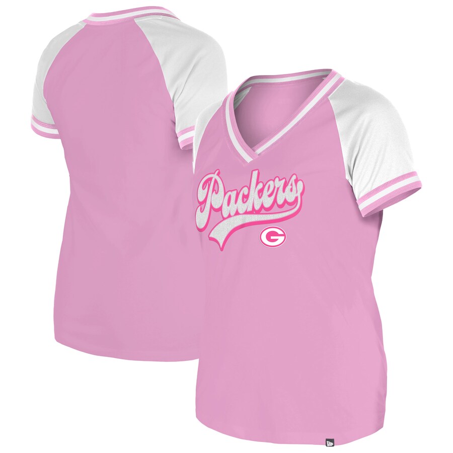 Women's Green Bay Packers New Era Pink Color Multiplier V-Neck T-Shirt