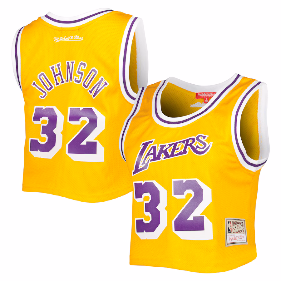 Women's Los Angeles Lakers Magic Johnson Mitchell & Ness Gold 1984 Hardwood Classics Crop Player Tank Top