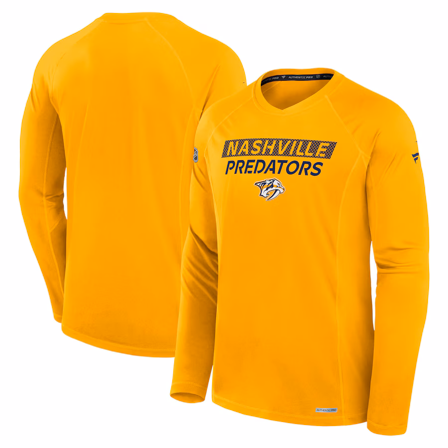 Men's Nashville Predators Fanatics Gold Authentic Pro Rink Tech Long Sleeve T-Shirt