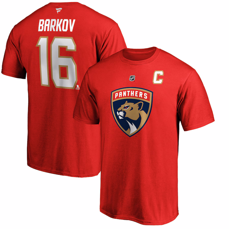 Men's Florida Panthers Aleksander Barkov Fanatics Red Team Authentic Stack Name & Number T-Shirt