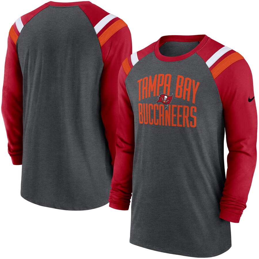 Men's Tampa Bay Buccaneers Nike Heathered Charcoal/Red Tri-Blend Raglan Athletic Long Sleeve Fashion T-Shirt