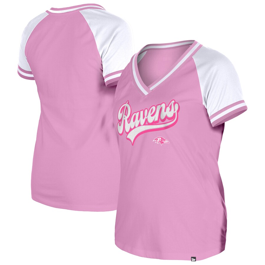 Women's Baltimore Ravens New Era Pink Color Multiplier V-Neck T-Shirt