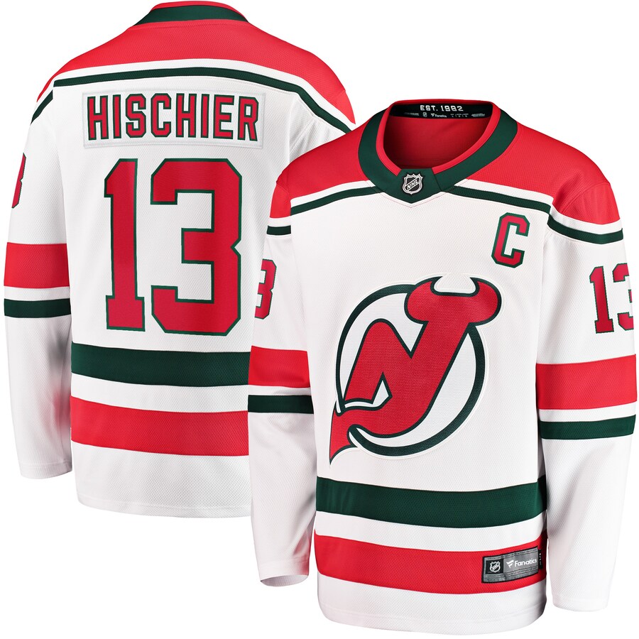 Men's New Jersey Devils Nico Hischier Fanatics Branded White 2022/23 Heritage Premier Breakaway Jersey