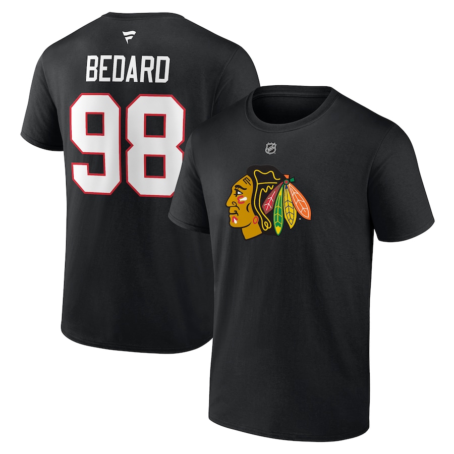 Men's Chicago Blackhawks Connor Bedard Fanatics Black 2023 NHL Draft Authentic Stack Player Name & Number T-Shirt