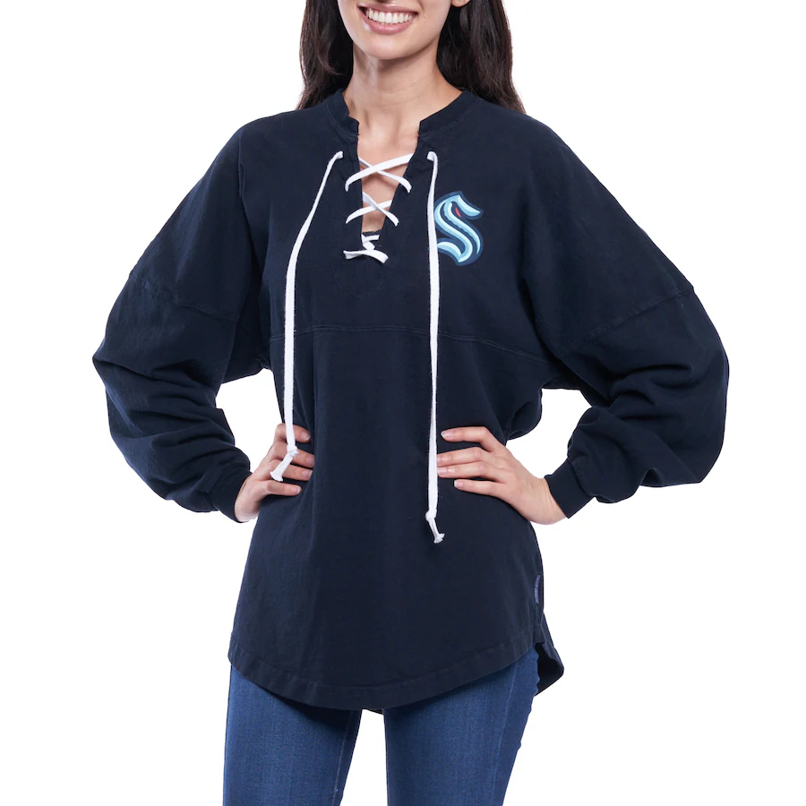 Women's Seattle Kraken Fanatics Navy Lace Up Long Sleeve Spirit Top