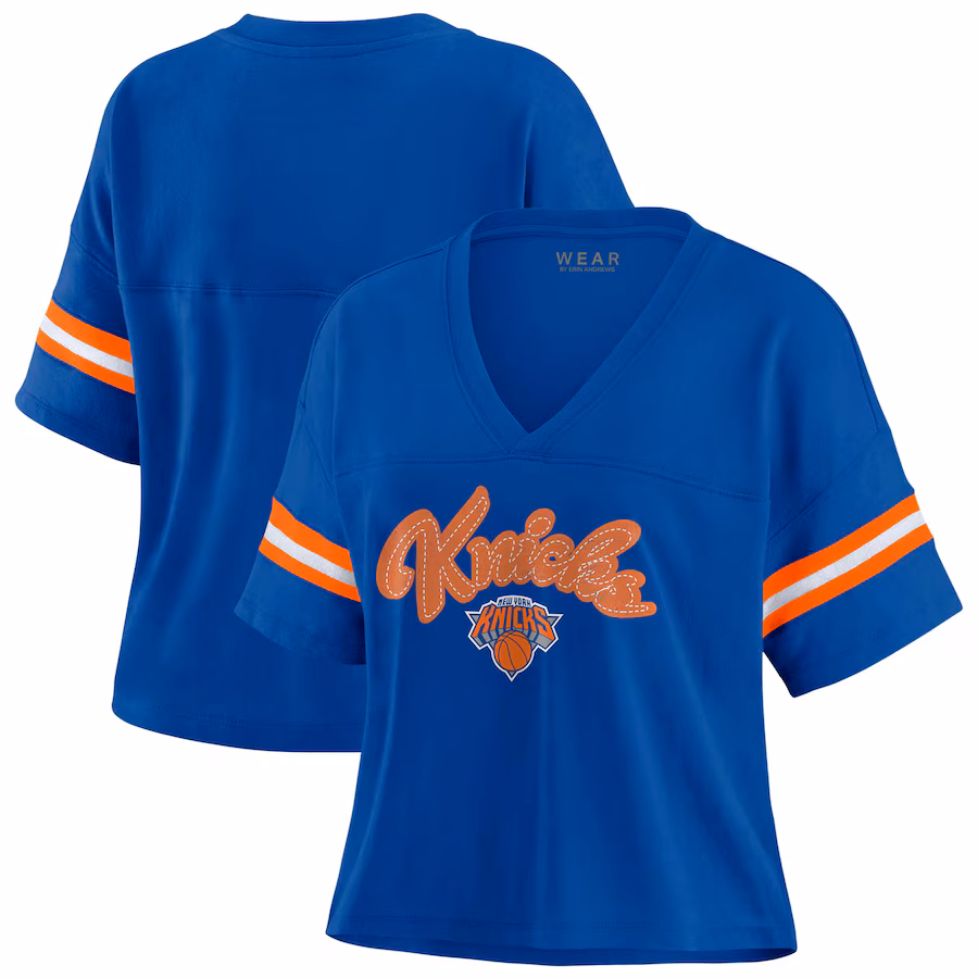 Women's New York Knicks WEAR by Erin Andrews Blue Color Block Boxy V-Neck T-Shirt
