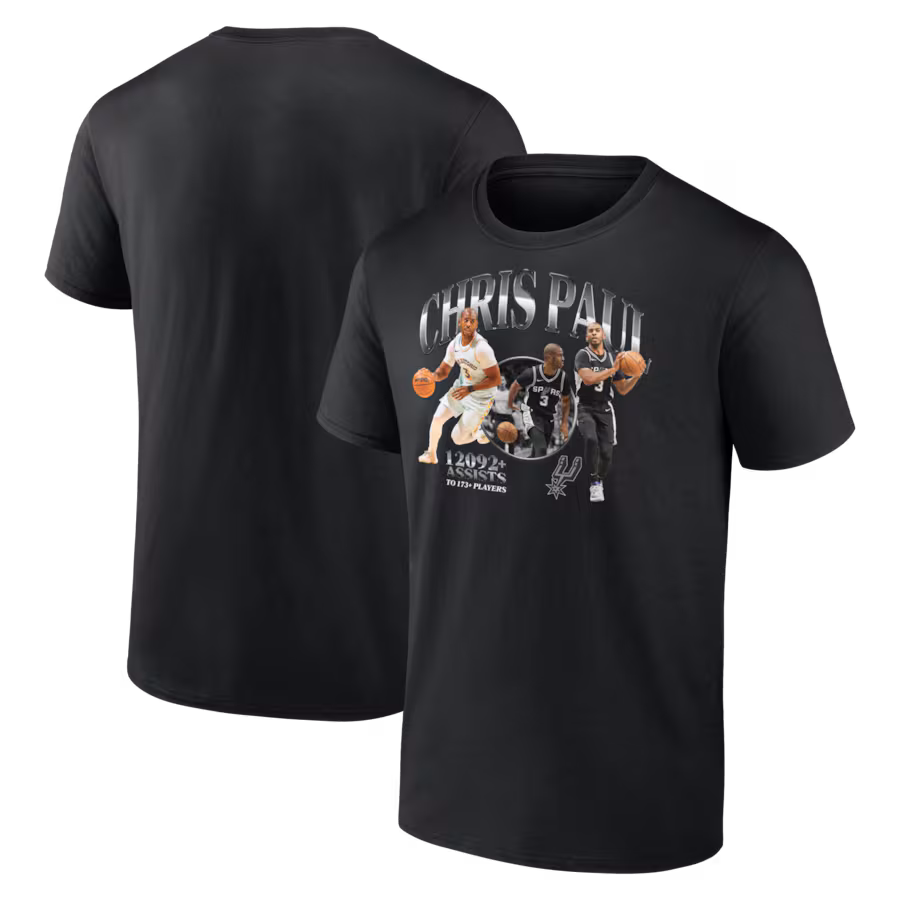 Men's San Antonio Spurs Chris Paul Black 2nd NBA All-Time Assists Leader T-Shirt
