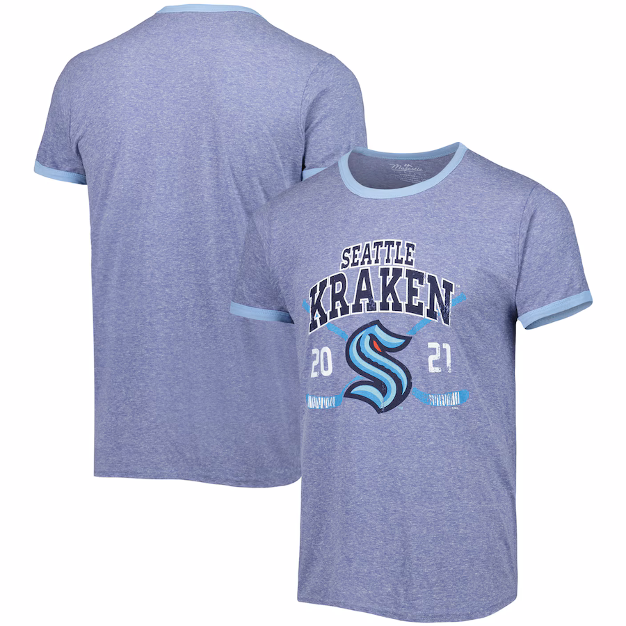 Men's Seattle Kraken Fanatics Heathered Deep Sea Blue Buzzer Beater Tri-Blend Ringer T-Shirt