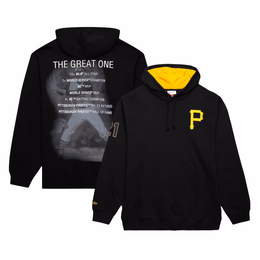 Men's Pittsburgh Pirates Roberto Clemente Mitchell & Ness Black Vintage Logo Name & Number Pullover Hoodie