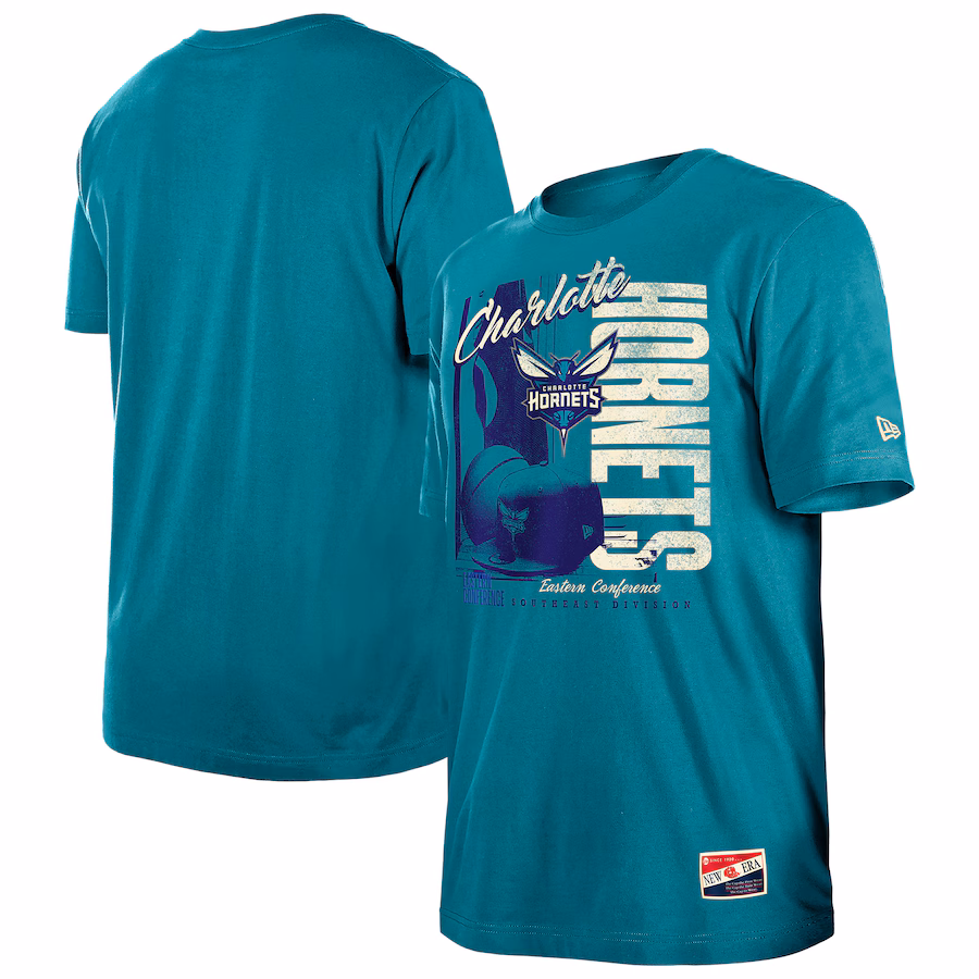 Men's Charlotte Hornets  New Era Teal Distressed Throwback Vintage Color Pack T-Shirt