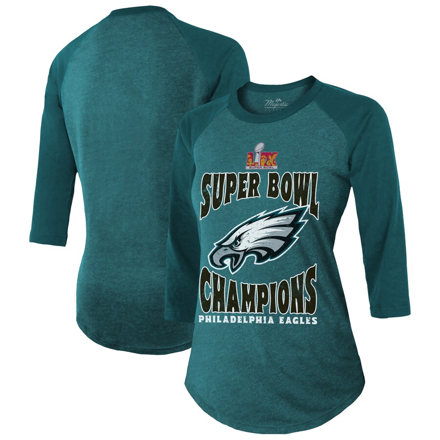 Women's Philadelphia Eagles  Majestic Threads Midnight Green Super Bowl LIX Champions Foe Tri-Blend 3/4 Sleeve Raglan T-Shirt