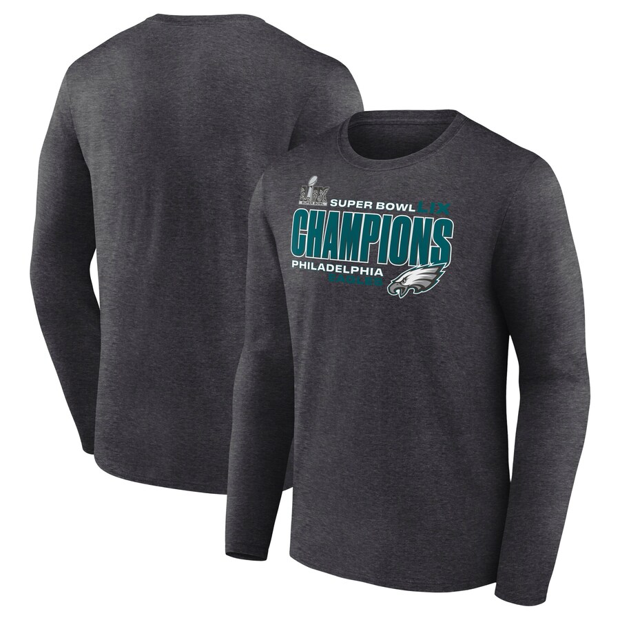 Men's Philadelphia Eagles Fanatics Heather Charcoal Super Bowl LIX Champions Big & Tall Under The Lights Long Sleeve T-Shirt