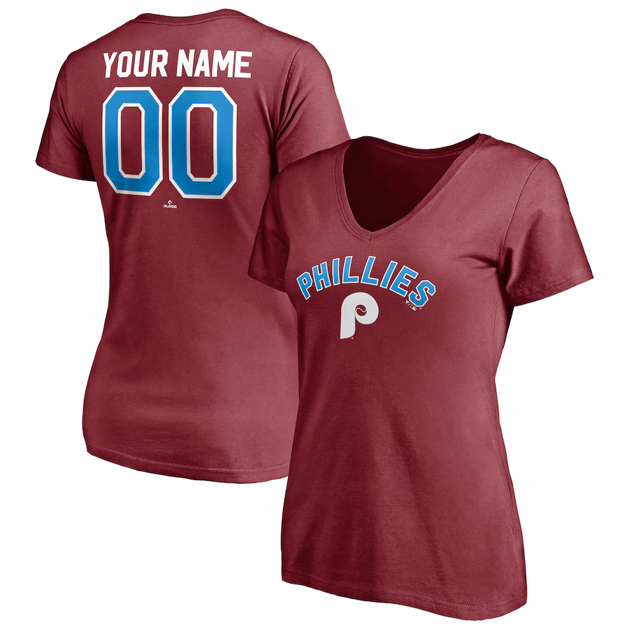 Women's Philadelphia Phillies Burgundy Cooperstown Winning Streak Alternate Personalized Name & Number V-Neck T-Shirt