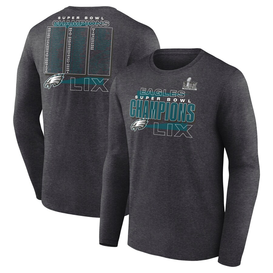 Men's Philadelphia Eagles Fanatics Heather Charcoal Super Bowl LIX Champions Roster Long Sleeve T-Shirt