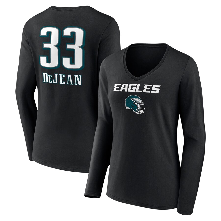 Women's  Philadelphia Eagles Cooper DeJean Black Team Wordmark Name & Number Long Sleeve V-Neck T-Shirt
