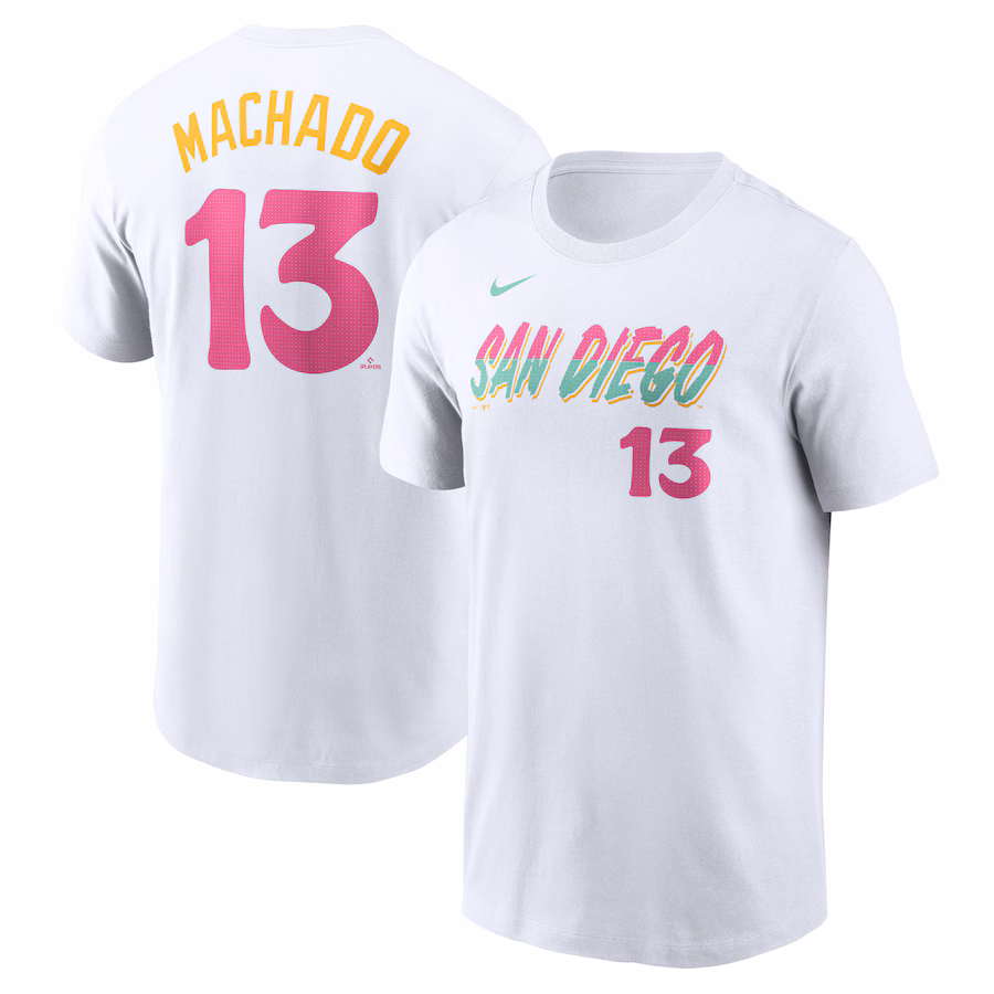 Men's San Diego Padres Manny Machado Nike White City Connect Fuse Name & Number T-Shirt
