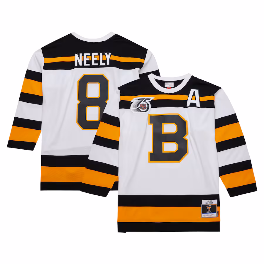 Men's Boston Bruins Cam Neely Mitchell & Ness White 1991/92 Alternate Captain Blue Line Player Jersey