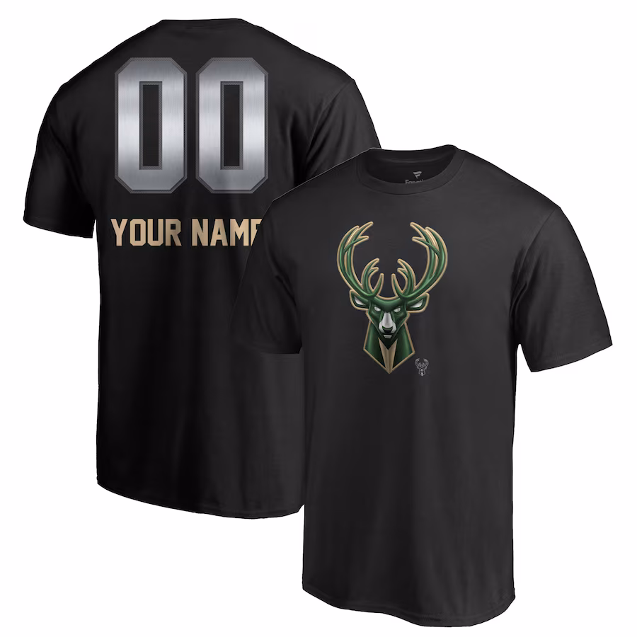 Men's Milwaukee Bucks Black Midnight Mascot Personalized Name & Number T-Shirt