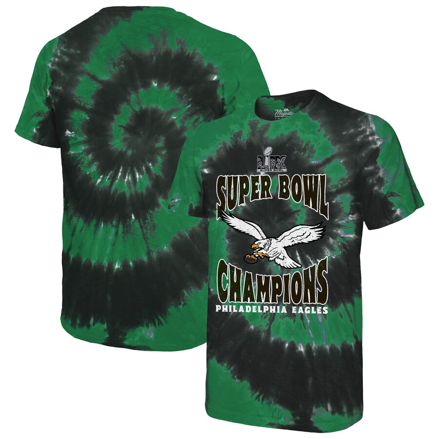 Men's Philadelphia Eagles  Majestic Threads Kelly Green/Black Super Bowl LIX Champions Hard Count Retro Spiral Tie-Dye T-Shirt